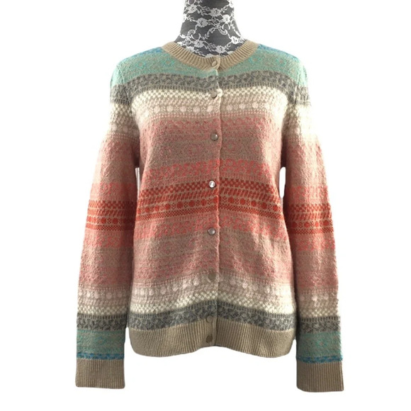 Talbots Tan Pink Knit Cardigan Sweater Womens Small Button Front Striped - Picture 1 of 10
